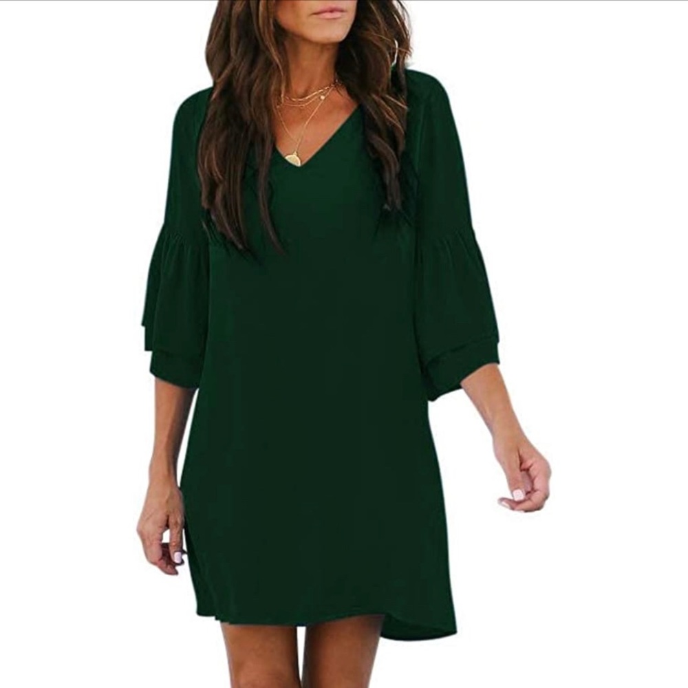 BELONGSCI Women's Dress Sweet & Cute V-Neck Bell Sleeve Shift Dress Mini Dress
